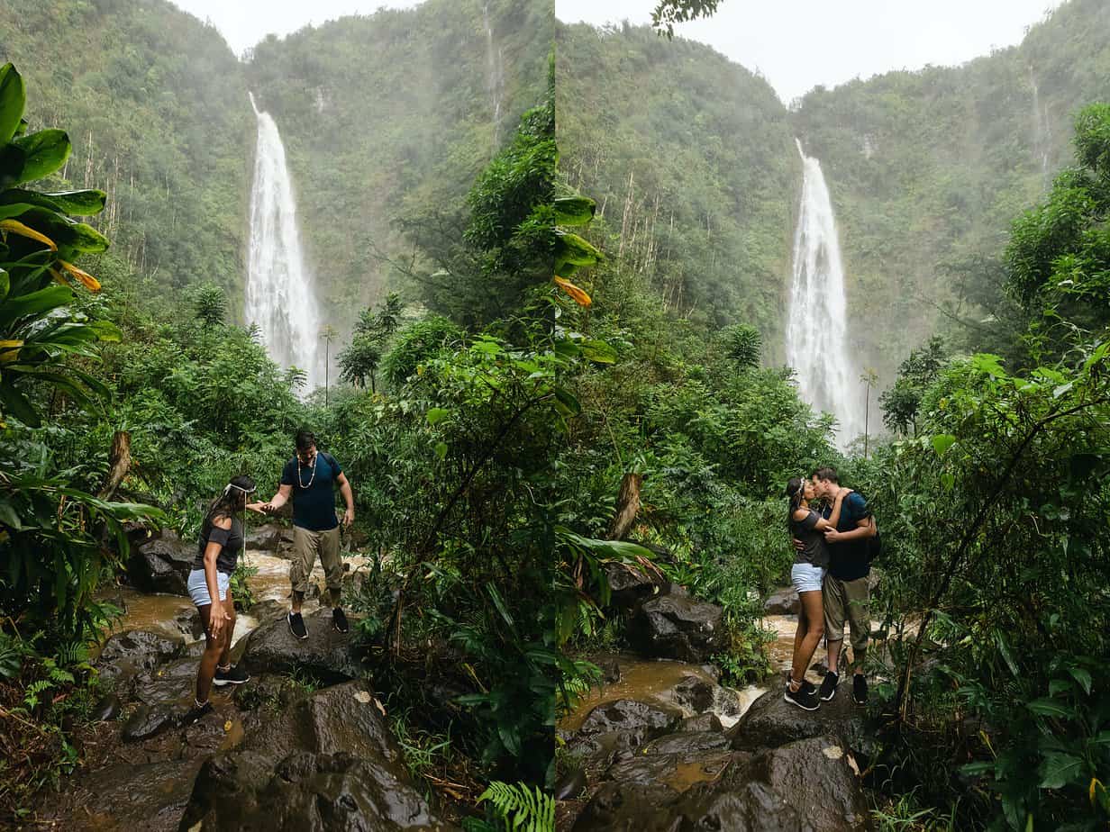 couple kissing at waterfall