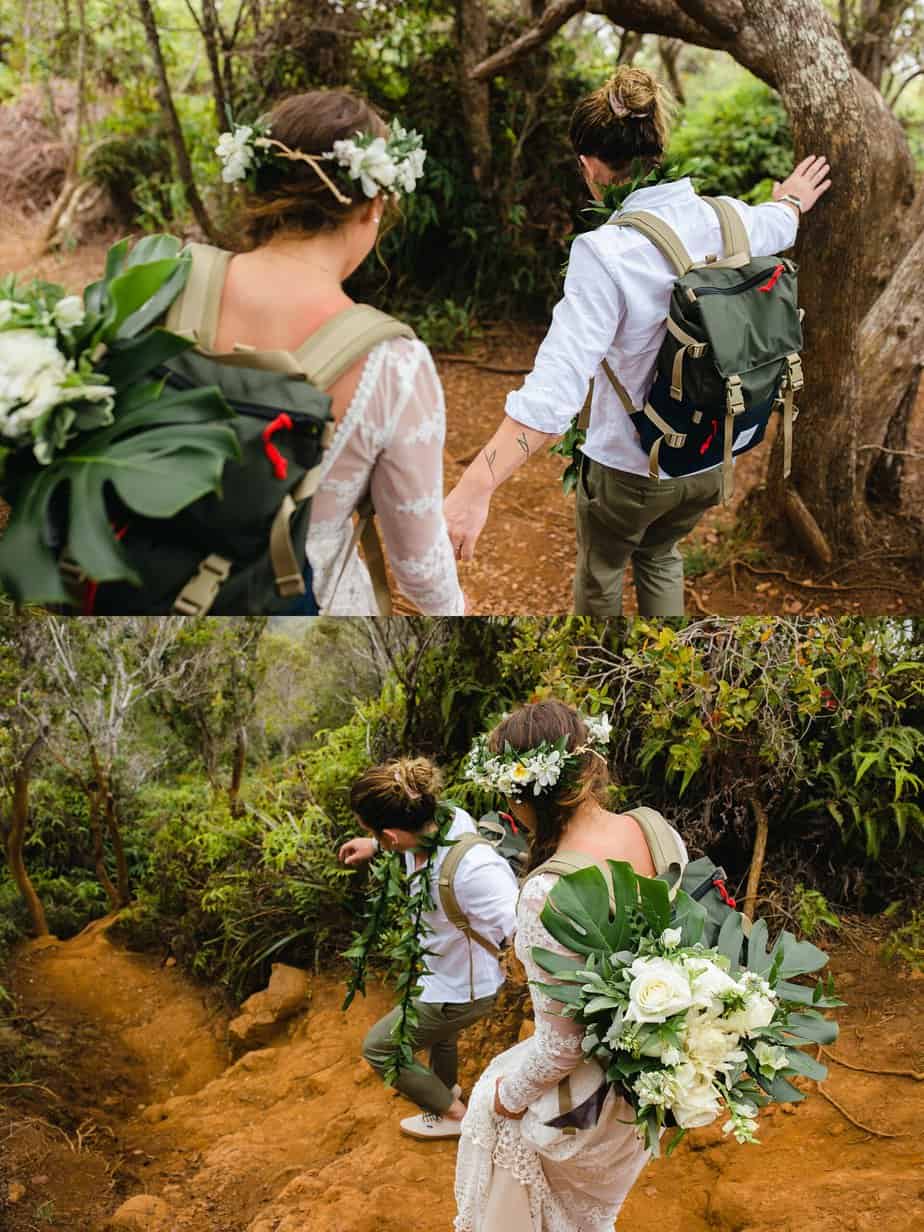 bride and groom hiking 