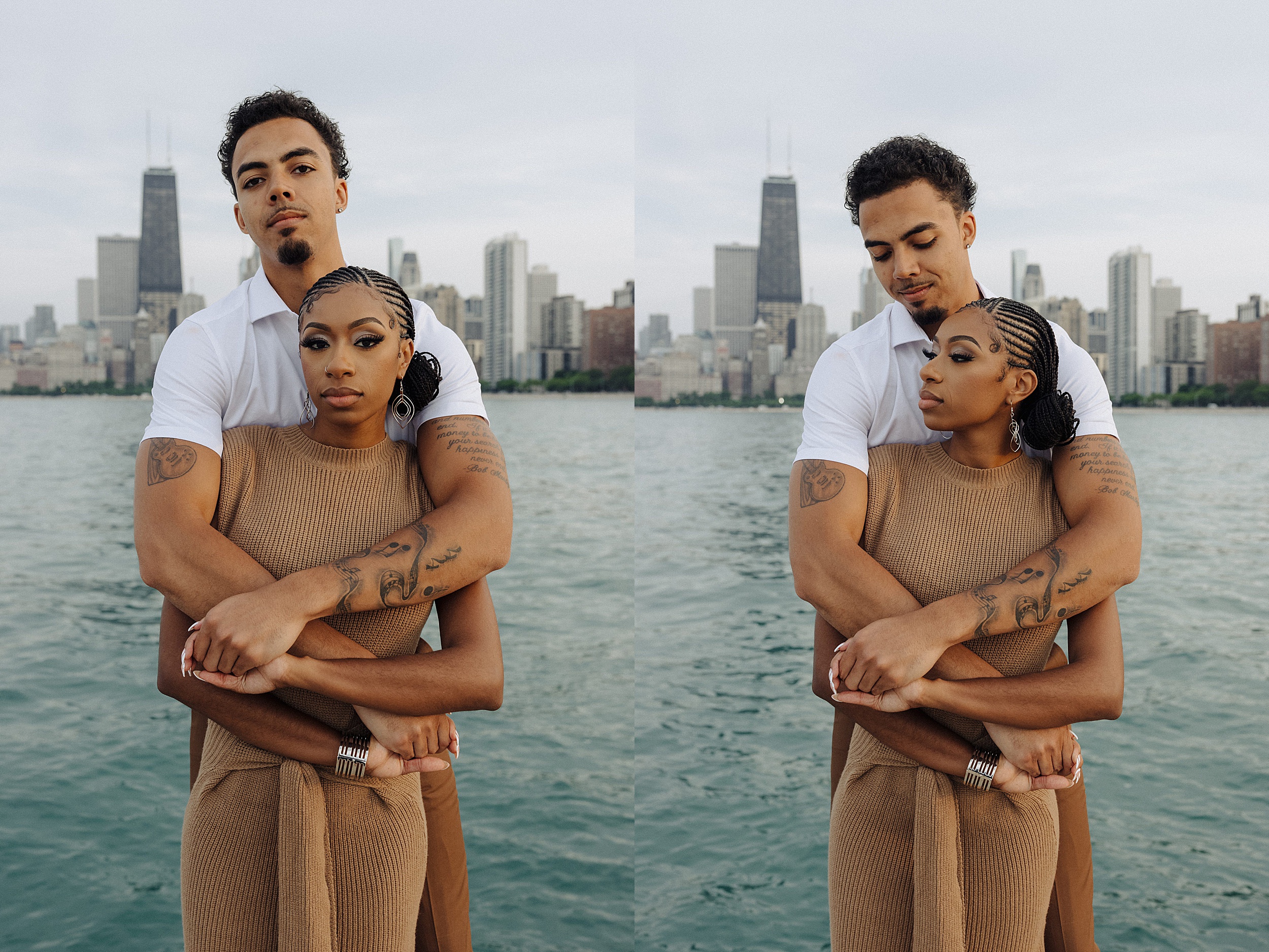 couple holding each other chicago skyline 