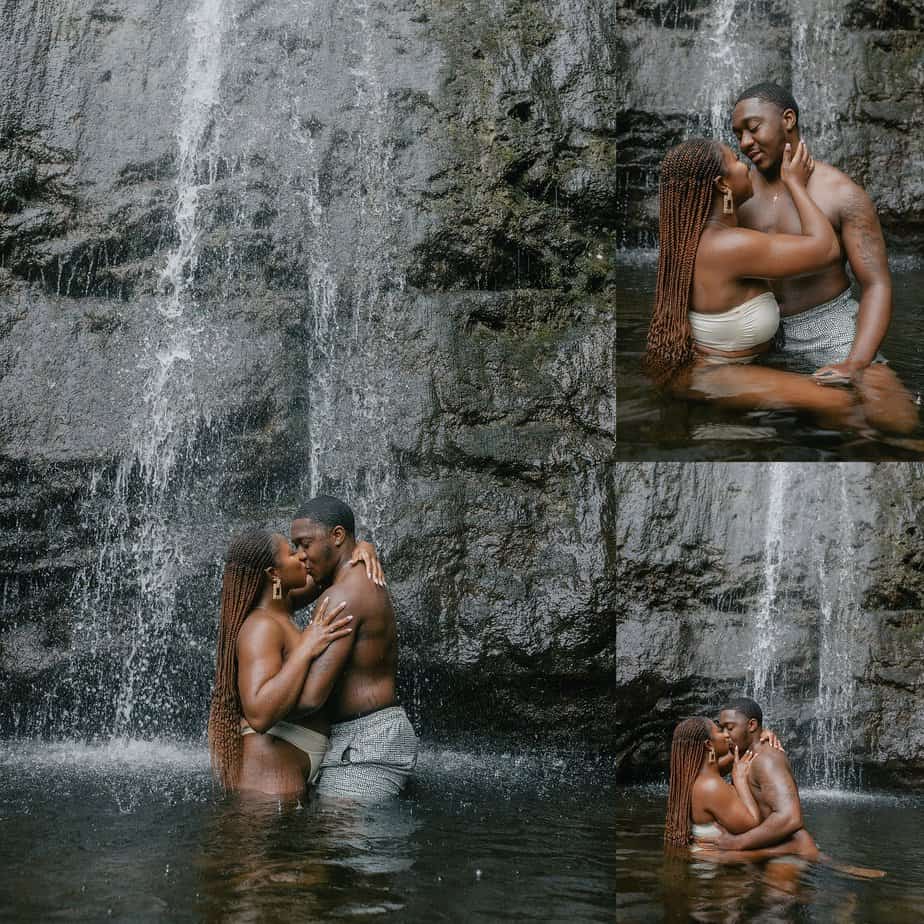 couple kissing at waterfall 