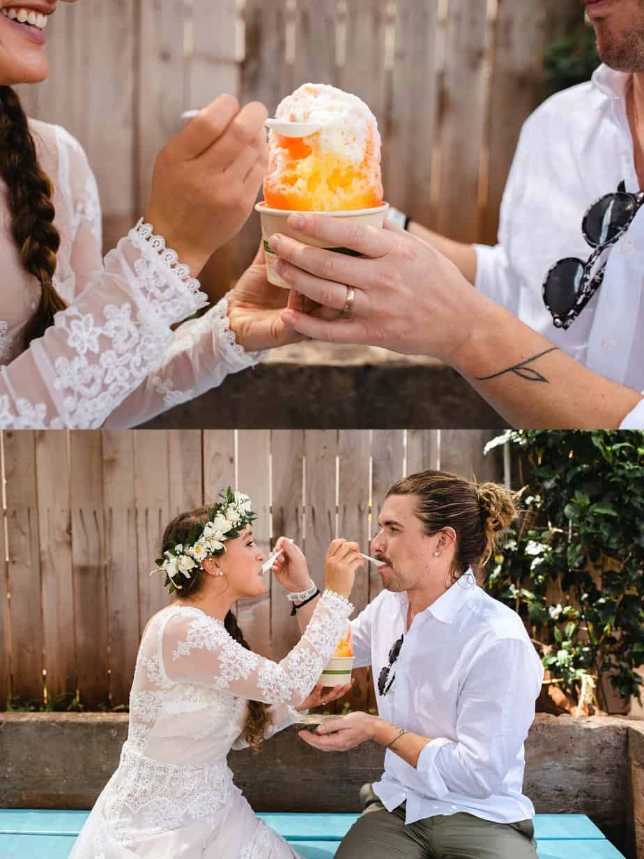 bride and groom eating snowcone