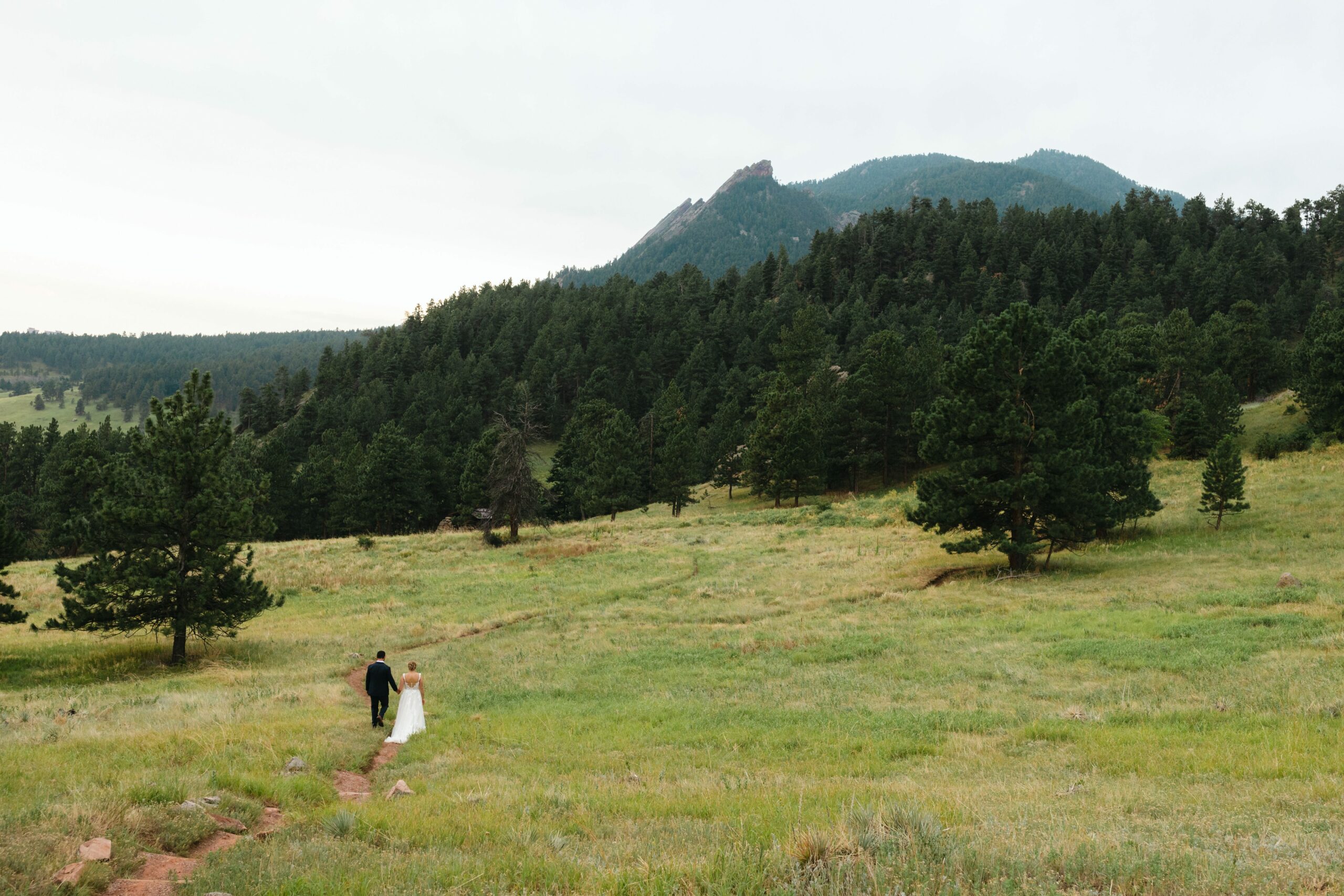 bride and groom walking toward mountain