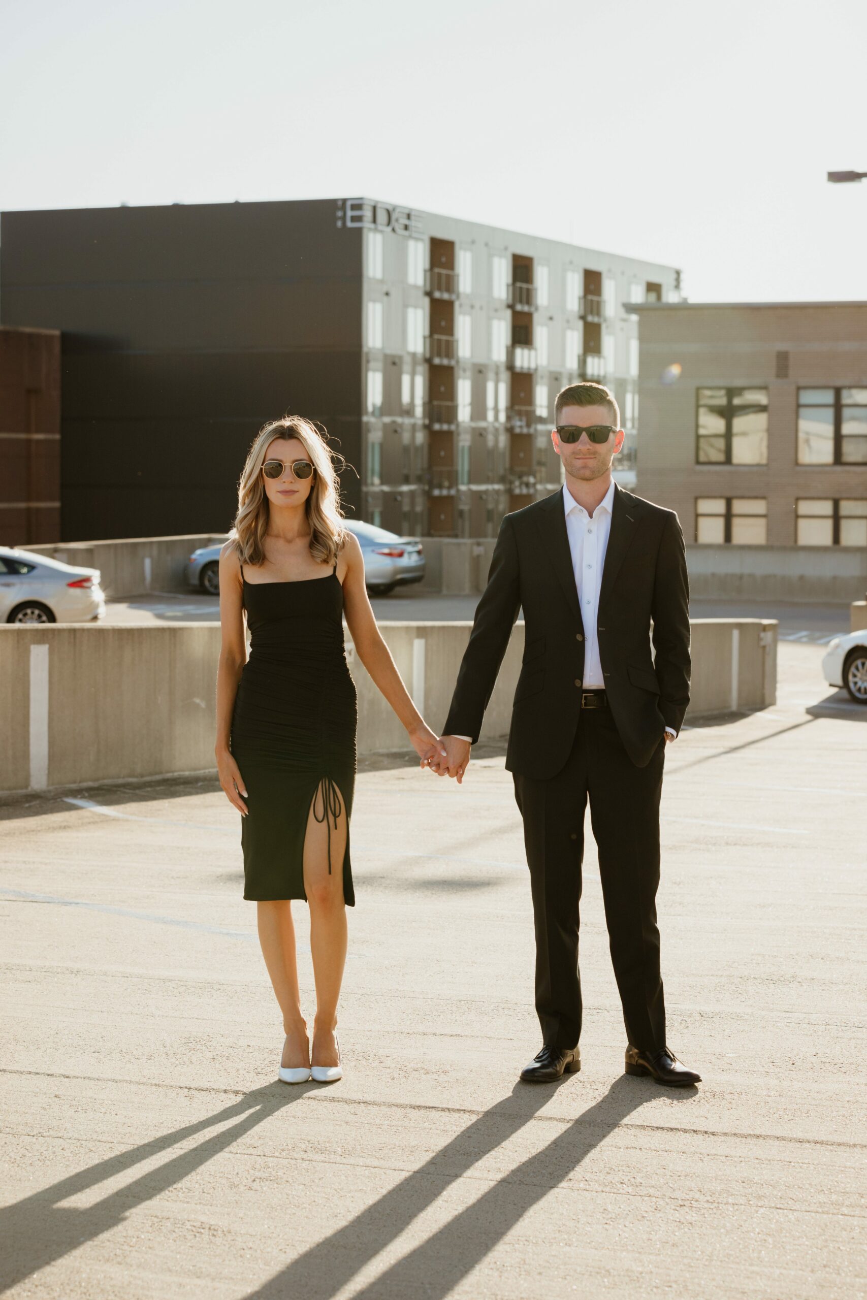 classy rooftop engagement photos