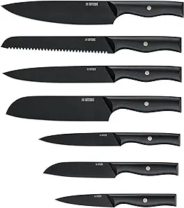 Yatoshi 7 Piece Knife Set - Onyx Black Titanium Nitride Coating- Ultra Sharp High Carbon Stainless Steel - Black Pakkawood Ergonomic Handle
